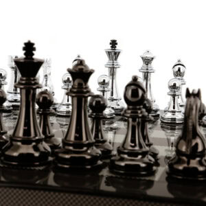Dal Rossi Italy Silver/Titanium Chess Set on Carbon Fibre Shiny Finish Chess Box 20” with compartments