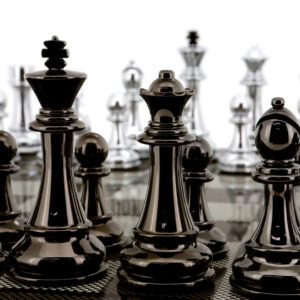 Dal Rossi Italy Silver/Titanium Chess Set on Carbon Fibre Shiny Finish Chess Box 20” with compartments