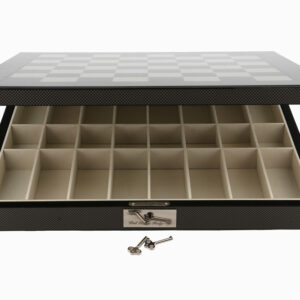 Dal Rossi Italy Silver/Titanium Chess Set on Carbon Fibre Shiny Finish Chess Box 20” with compartments