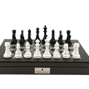 Dal Rossi Italy Black/White Chess Set on Carbon Fibre Shiny Finish Chess Box 20” with compartments