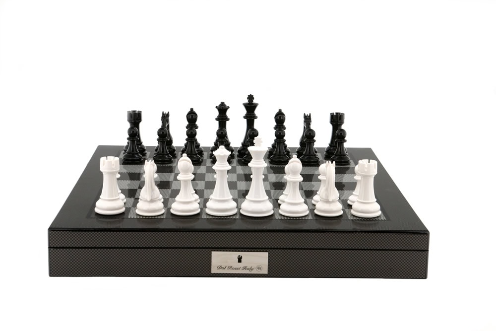 Dal Rossi Italy Black/White Chess Set on Carbon Fibre Shiny Finish Chess Box 20” with compartments