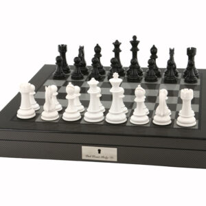 Dal Rossi Italy Black/White Chess Set on Carbon Fibre Shiny Finish Chess Box 20” with compartments