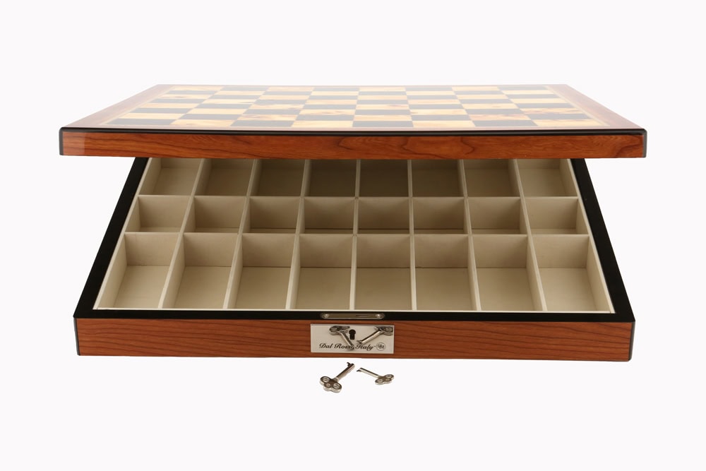 Dal Rossi Chess Set With Diamond-Cut Copper & Bronze 85mm Chessmen on Walnut Finish Chess Box 16” with compartments