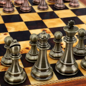 Dal Rossi Italy Copper / Bronze Chess Set on Walnut Shiny Finish Chess Box 20” with compartments