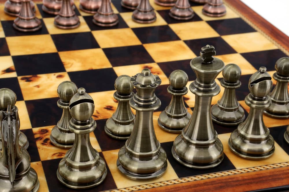 Dal Rossi Italy Copper / Bronze Chess Set on Walnut Shiny Finish Chess Box 20” with compartments