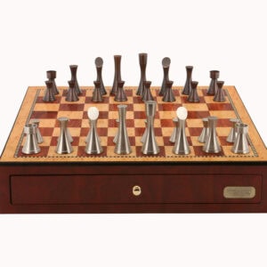 Dal Rossi Italy, Contemporary Chess Set with drawers 18" (Red Mahogany Finish) with Contemporary Pewter Chess Pieces