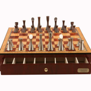 Dal Rossi Italy, Contemporary Chess Set with drawers 18" (Red Mahogany Finish) with Contemporary Pewter Chess Pieces