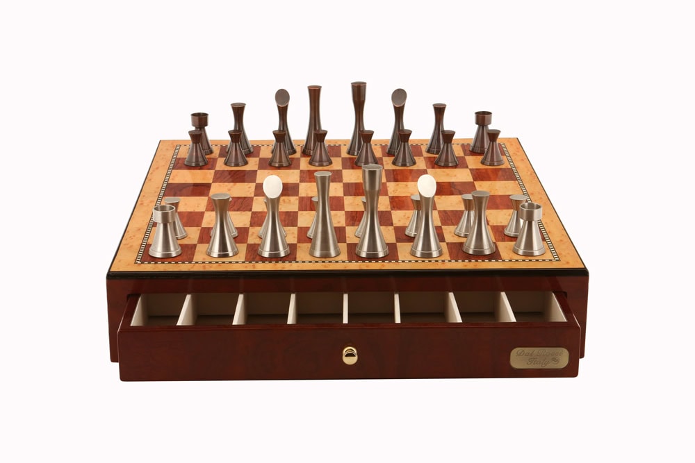 Dal Rossi Italy, Contemporary Chess Set with drawers 18" (Red Mahogany Finish) with Contemporary Pewter Chess Pieces