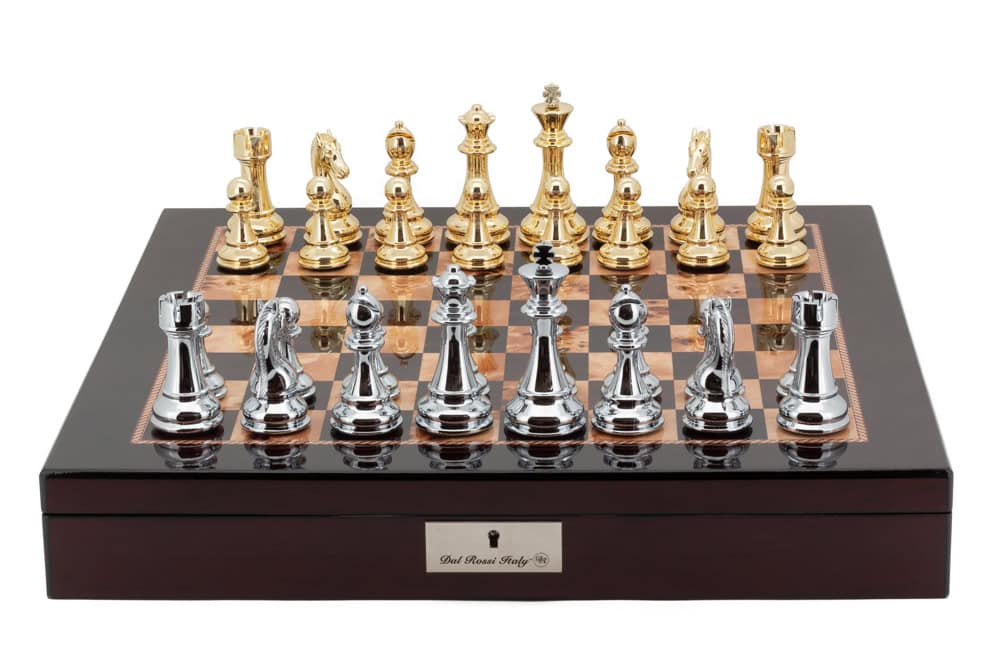 Dal Rossi Italy Chess Box  Mahogany Finish 20" with compartments Gold and Silver 101mm pieces