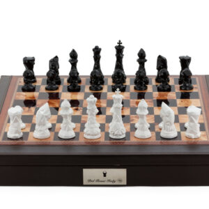 Dal Rossi Italy Brown PU Leather Bevelled Edge chess box with compartments 18" with Diamond-Cut Black & White Finish Chessmen