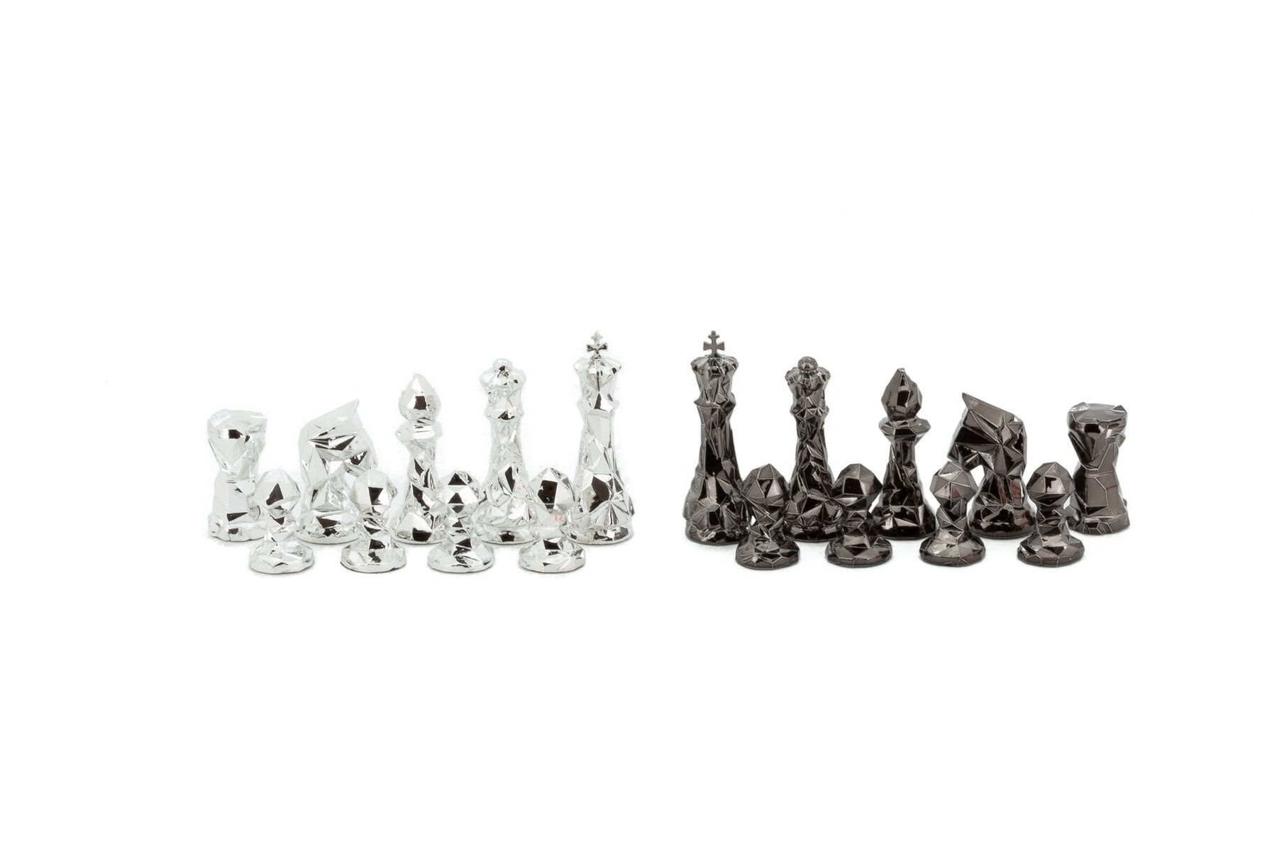 Dal Rossi Diamond-Cut Titanium & Silver Chessmen on a Walnut Inlaid Chess Box with Compartments 20"