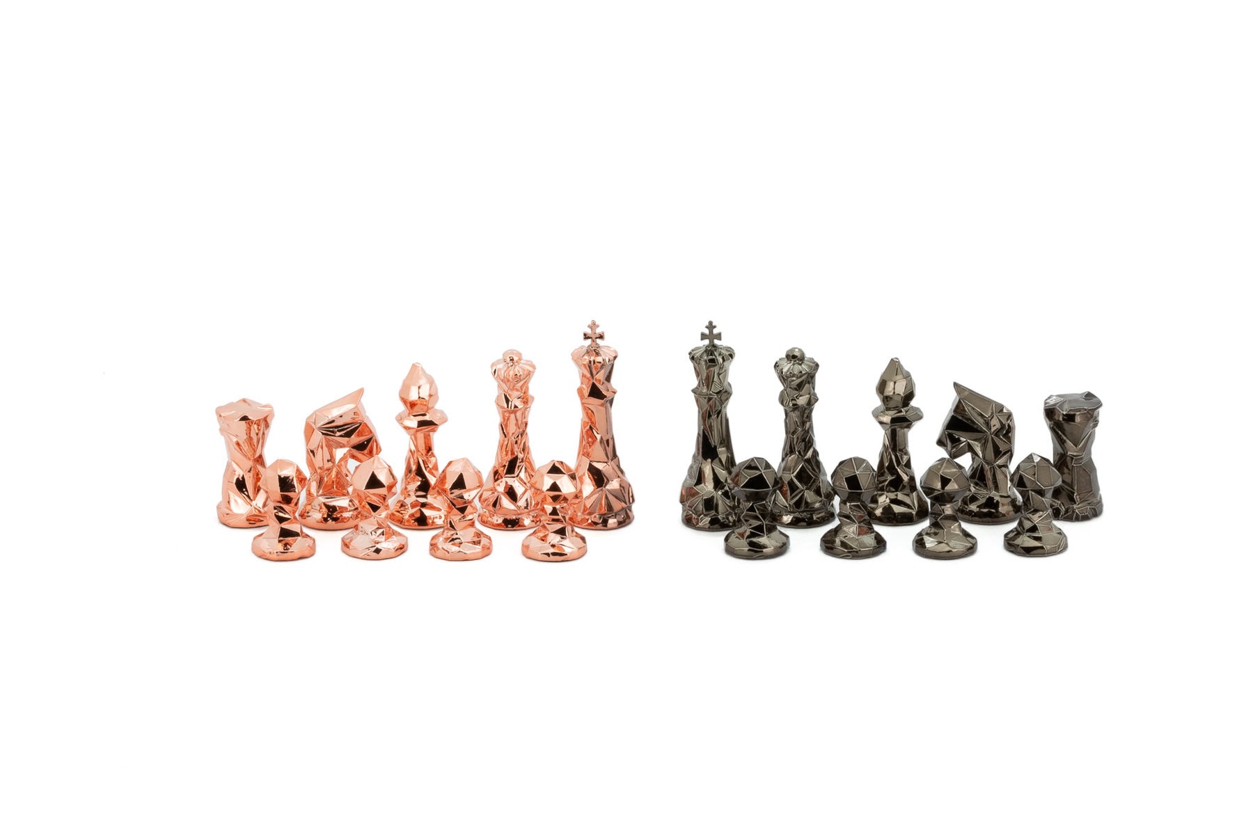 Dal Rossi Diamond-Cut Copper & Bronze Chessmen on a Walnut Inlaid Chess Box with Compartments 20"