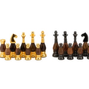 Dal Rossi Italy, Staunton Metal and Wood Gold 100mm Chessmen on a Walnut Inlaid Chess Box with Compartments 20"