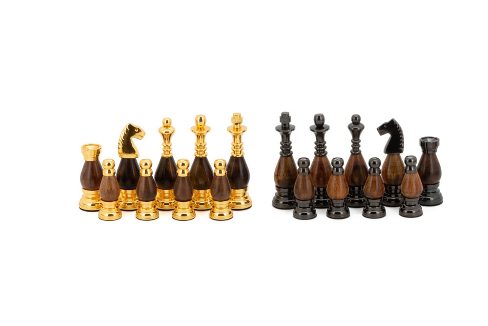 Dal Rossi Italy, Staunton Metal and  Wood Gold 100mm Chessmen on a Walnut Inlaid Chess Box with Compartments 20"