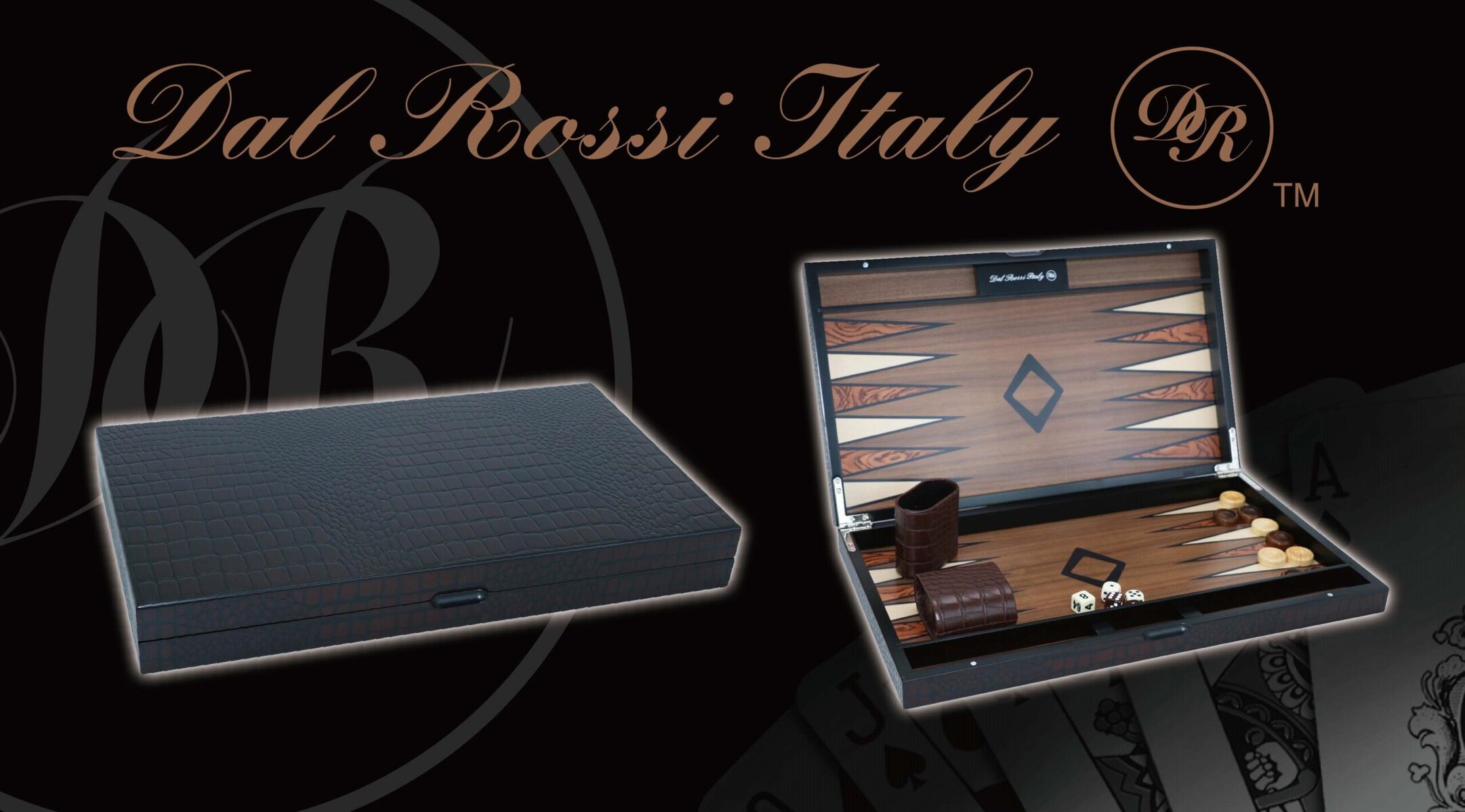 Dal Rossi Wooden Crocodile Engraved Design Backgammon Dark Colour Design Top and Inlaid Wooden Playing Area 18"