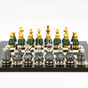 Dal Rossi Italy Chess Set Flat Black/Erable Board 40cm, With Gray and Green Gold and Silver Metal Tops and Bottoms Chess Pieces 90mm