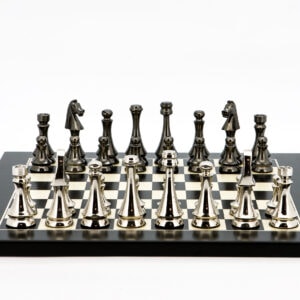 Dal Rossi Italy Chess Set Flat  Black/Erable Board 40cm, With Metal Dark Titanium and Silver chessmen 85mm