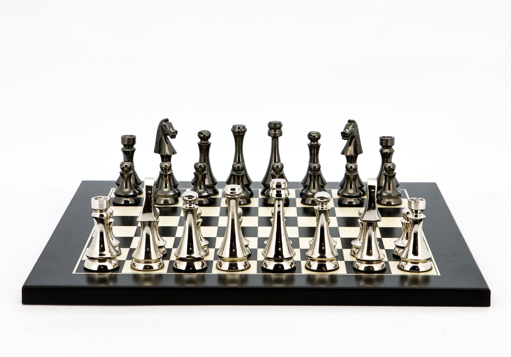 Dal Rossi Italy Chess Set Flat  Black/Erable Board 40cm, With Metal Dark Titanium and Silver chessmen 85mm