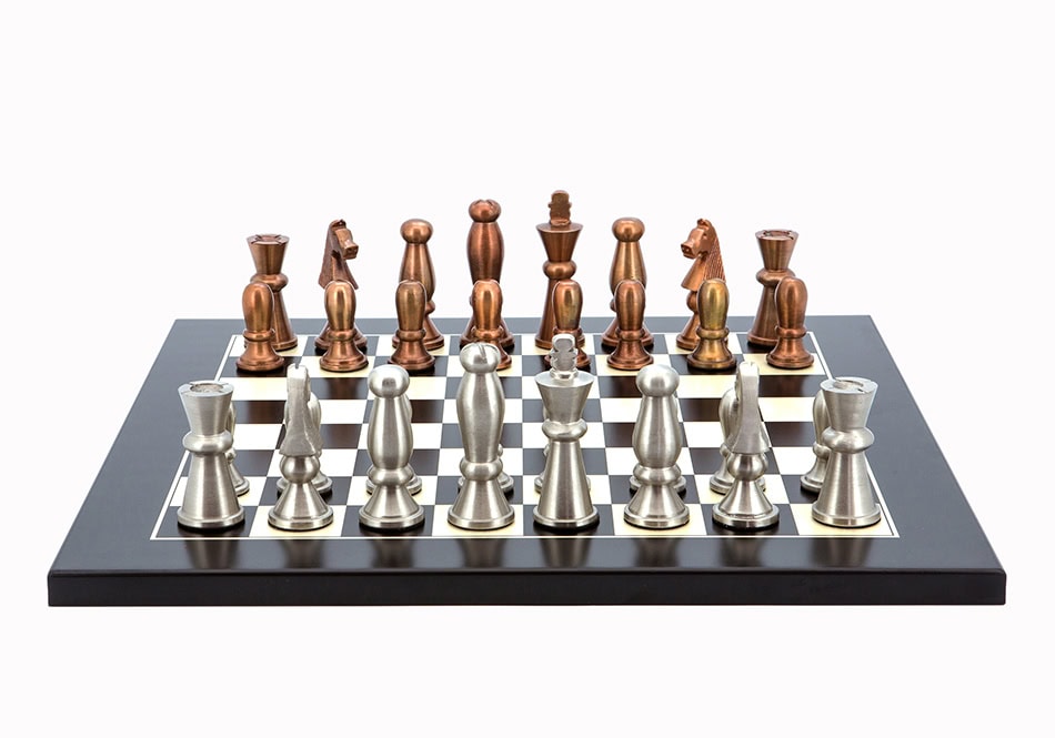 Dal Rossi Italy Chess Set Flat  Black/Erable Board 40cm, With Copper & Silver Weighted Metal 85mm Chess Pieces