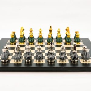 Dal Rossi Italy Chess Set Flat Black/Erable Board 50cm, With Gray and Green Gold and Silver Metal Tops and Bottoms Chess Pieces 90mm