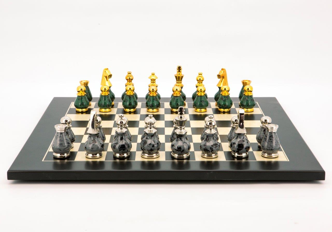 Dal Rossi Italy Chess Set Flat  Black/Erable Board 50cm, With Gray and Green Gold and Silver Metal Tops and Bottoms Chess Pieces 90mm