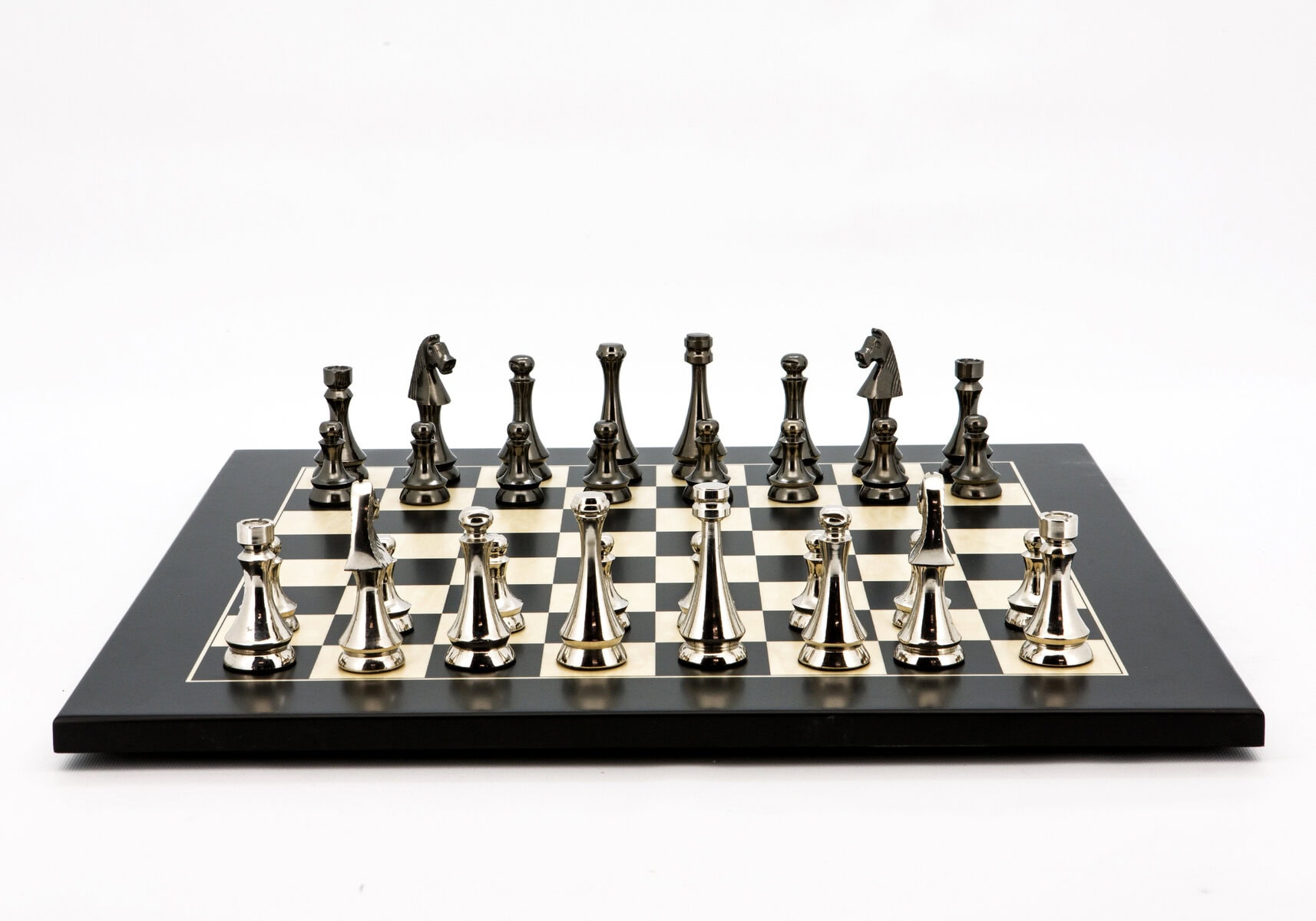 Dal Rossi Italy Chess Set Flat  Black/Erable Board 50cm, With Metal Dark Titanium and Silver chessmen 85mm