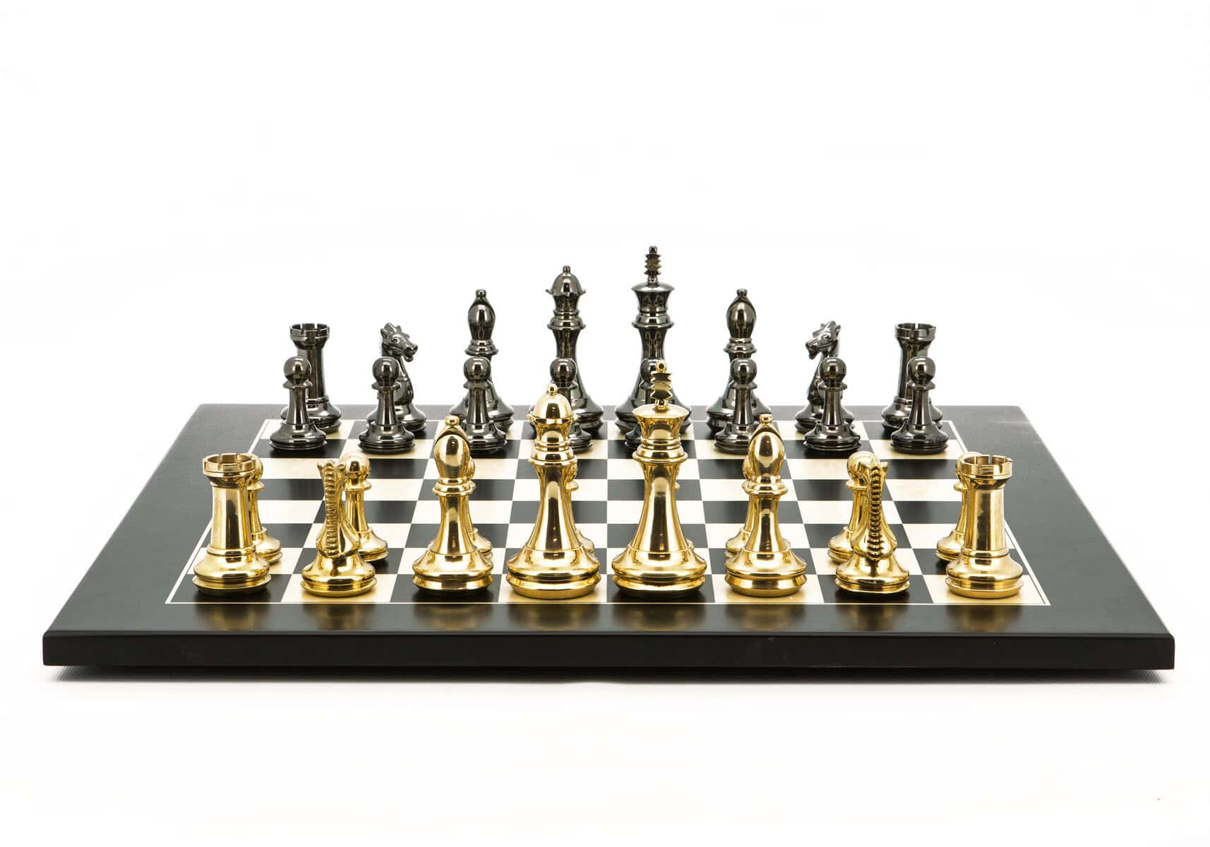 Dal Rossi Italy Chess Set Black Erable Board 50cm, With Very Heavy Brass Staunton Gold and Silver chessmen 110mm