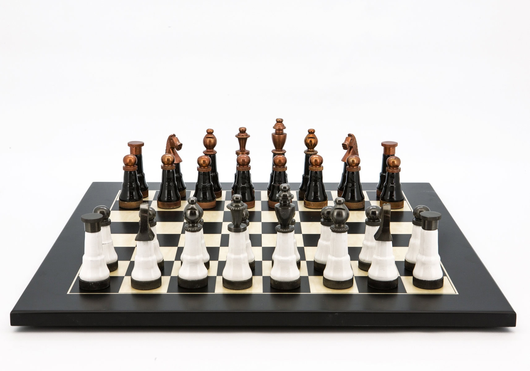 Dal Rossi Italy Chess Set Flat  Black/Erable Board 50cm, With Black and White with Copper and Gun Metal Gray Tops and Bottoms Chess Pieces 110mm