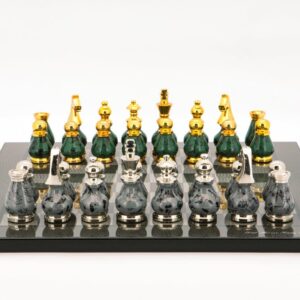 Dal Rossi Italy Chess Set Carbon Fibre Finish Flat Board 40cm, With Gray and Green Gold and Silver Metal Tops and Bottoms Chess Pieces 90mm