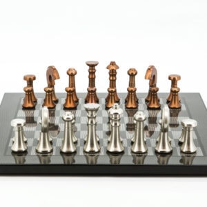 Dal Rossi Italy Chess Set Flat  Carbon Fibre Finish Board 40cm, With Metal Copper and silver Chessmen 80mm