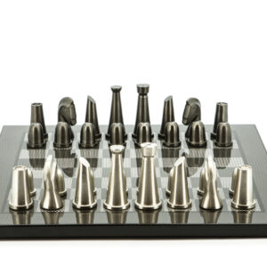 Dal Rossi Italy Chess Set Flat  Carbon Fibre Board 50cm, With Metal Dark Titanium and Silver chessmen 85mm