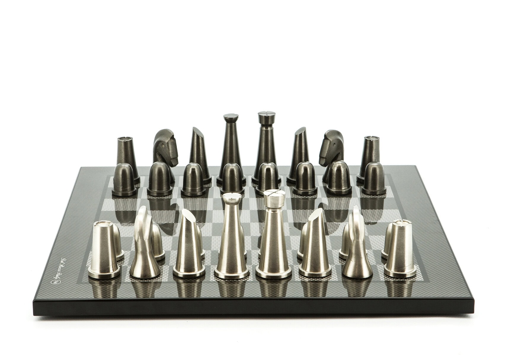 Dal Rossi Italy Chess Set Flat  Carbon Fibre Board 50cm, With Metal Dark Titanium and Silver chessmen 85mm