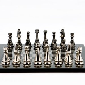 Dal Rossi Italy Chess Set Flat Carbon Fibre Board 40cm, With Metal Dark Titanium and Silver chessmen 85mm