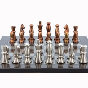 Dal Rossi Italy Chess Set Carbon Fibre Finish Flat Board 40cm, With Copper & Silver Weighted Metal Chess Pieces 85mm pieces