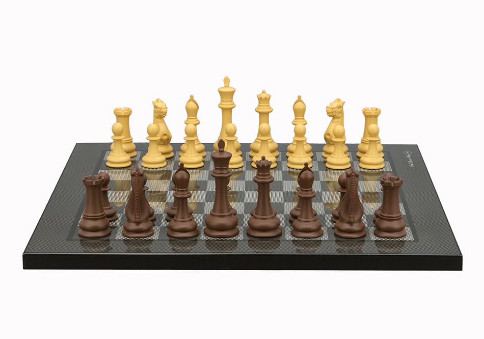 Dal Rossi Italy Chess Set Flat  Carbon Fibre Finish Board 40cm, With Queens Gambit Chessmen 90mm