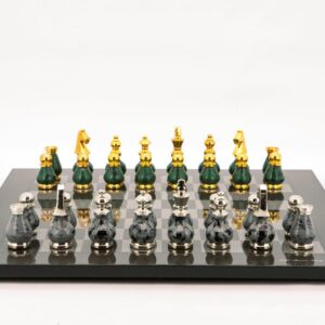 Dal Rossi Italy Chess Set Carbon Fibre Finish Flat Board 50cm, With Gray and Green Gold and Silver Metal Tops and Bottoms Chess Pieces 90mm