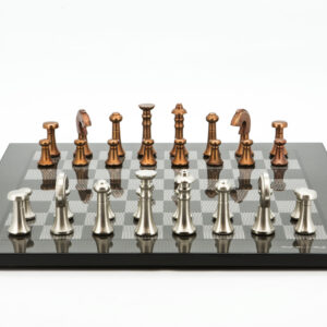 Dal Rossi Italy Chess Set Flat  Carbon Fibre Finish Board 50cm, With Metal Copper and silver Chessmen 80mm