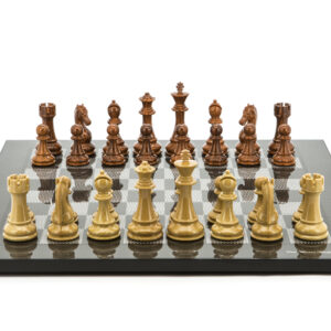 Dal Rossi Italy Chess Set Flat Carbon Fibre Board 50cm, Brown and Box Wood Grain Finish Chess Pieces 110mm