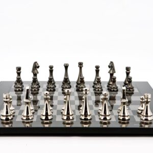 Dal Rossi Italy Chess Set Flat  Carbon Fibre Board 50cm, With Metal Dark Titanium and Silver chessmen 85mm