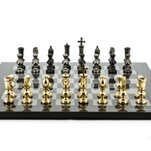 Dal Rossi Italy Chess Set Flat  Carbon Fibre Board 50cm, With Metal Dark Titanium and Gold Chessmen 110mm
