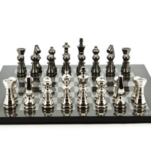 Dal Rossi Italy Chess Set Flat Carbon Fibre Board 50cm, With Metal Dark Titanium and Silver chessmen 115mm