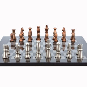 Dal Rossi Italy Chess Set Carbon Fibre Finish Flat Board 50cm, With Copper & Silver Weighted Metal Chess Pieces 85mm pieces