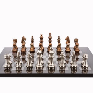 Dal Rossi Italy Chess Set Carbon Fibre Finish Flat Board 50cm, With Copper & Silver Weighted Metal Chess Pieces 100mm pieces