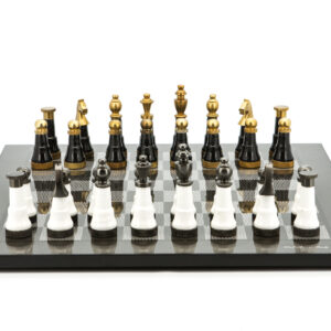 Dal Rossi Italy Chess Set Flat  Carbon Fibre Board 50cm, With Black and White with Gold and Gun Metal Tops and Bottoms Chessmen 110mm