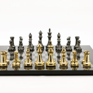 Dal Rossi Italy Chess Set Carbon Fibre Board 50cm, With Very Heavy Brass Staunton Gold and Silver chessmen 110mm