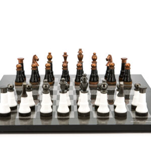 Dal Rossi Italy Chess Set Flat Carbon Fibre 50cm, With Black and White with Copper and Gun Metal Gray Tops and Bottoms Chess Pieces 110mm