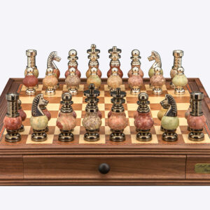 Dal Rossi Italy Chess Set on a 20" Walnut Board & Box with Coloured Stone and Metal , Silver Chessmen
