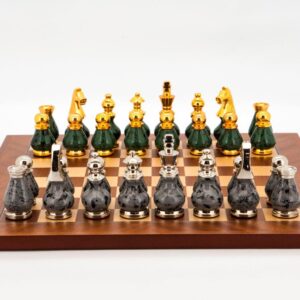 Dal Rossi Italy Chess Set Mahogany Maple Flat Board 40cm, With Gray and Green Gold and Silver Metal Tops and Bottoms Chess Pieces 90mm