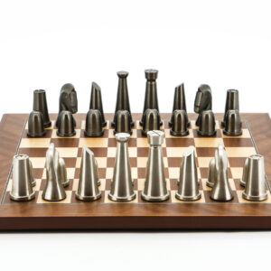 Dal Rossi Italy Chess Set Mahogany Maple Flat Board 40cm, With Metal Dark Titanium and Silver chessmen 85mm
