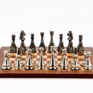 Dal Rossi Italy Chess Set Mahogany Maple Flat Board 40cm, With Metal Dark Titanium and Silver chessmen 85mm